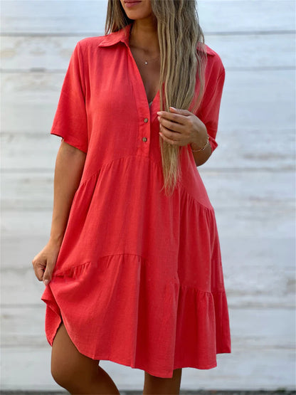 Lightweight Short Sleeve Tiered Midi Dress 3059 Red