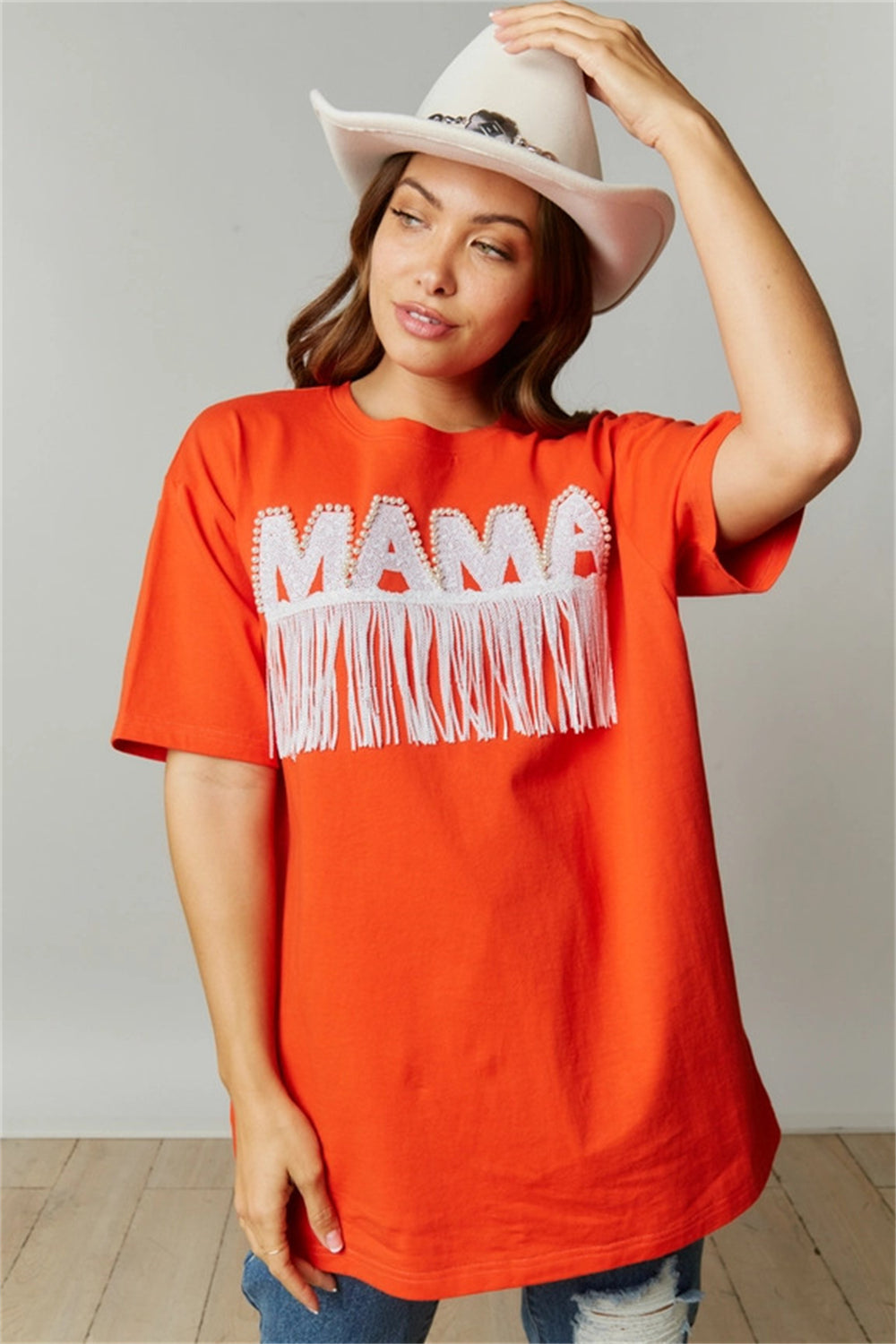 MAMA Graphic Fringe Lettering Tee Top 2945 Orange