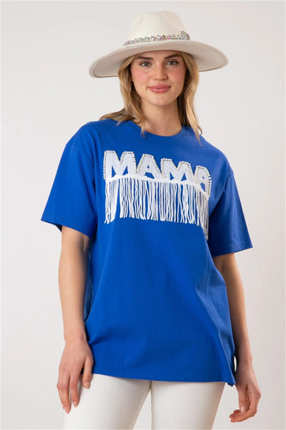 MAMA Graphic Fringe Lettering Tee Top 2945 Blue