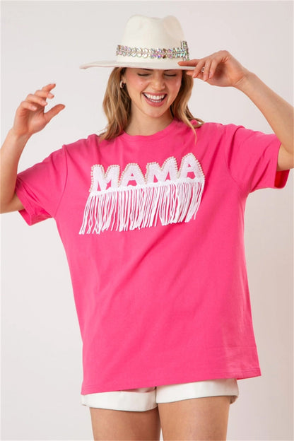 MAMA Graphic Fringe Lettering Tee Top 2945 Pink