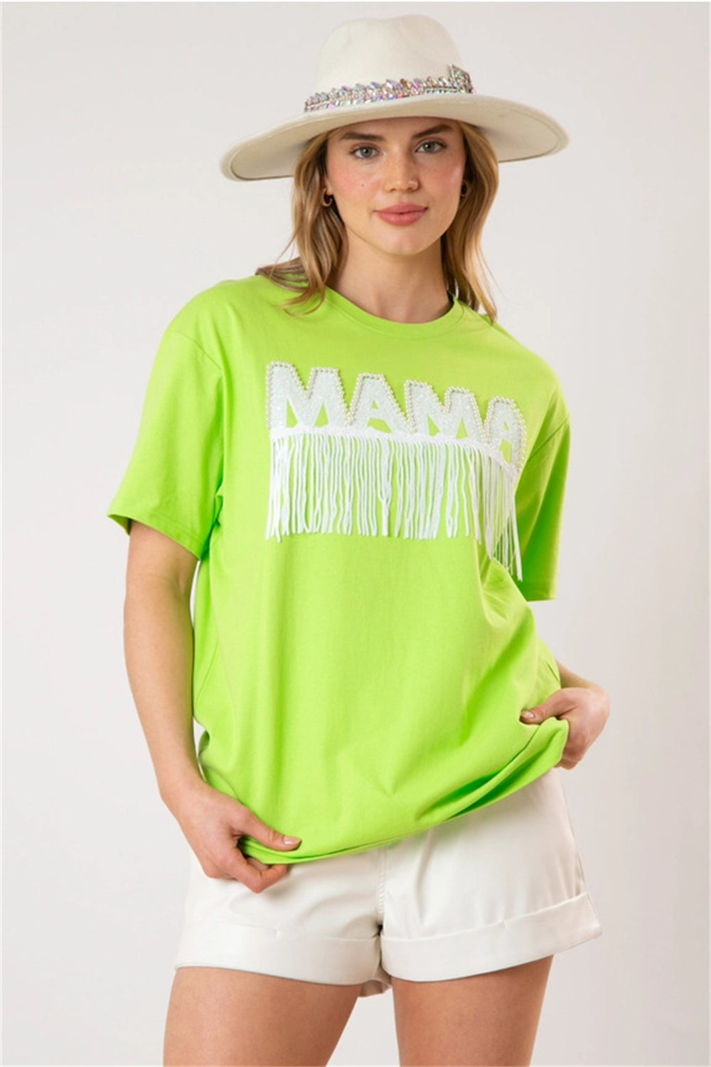 MAMA Graphic Fringe Lettering Tee Top 2945 Light green