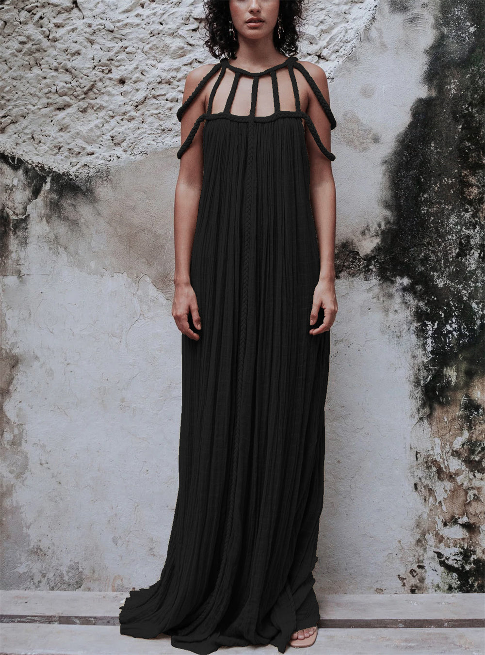 Maxi Pleated Dress with Distinctive Shoulder Detail 2997 F Black