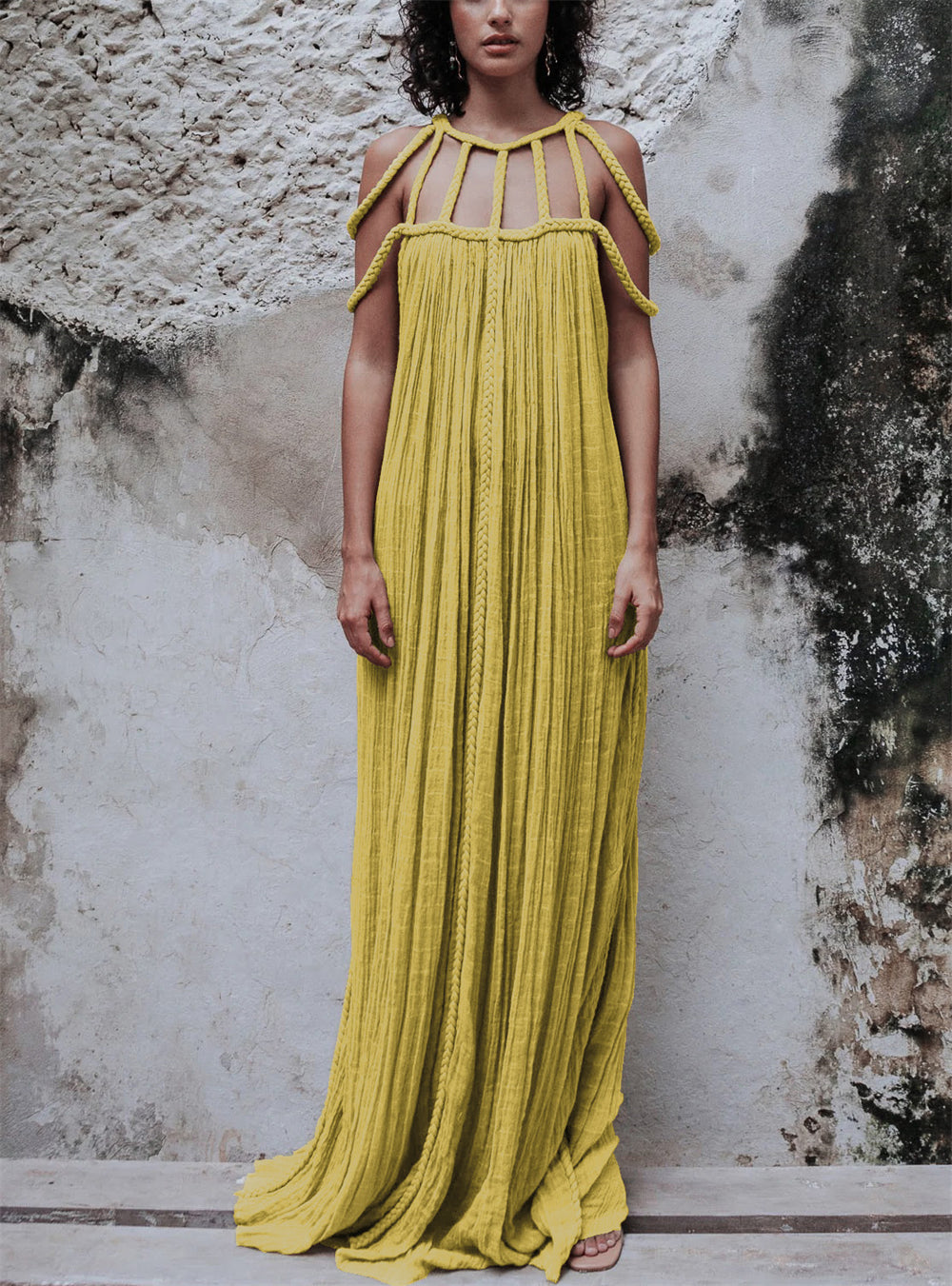 Maxi Pleated Dress with Distinctive Shoulder Detail 2997 F Yellow