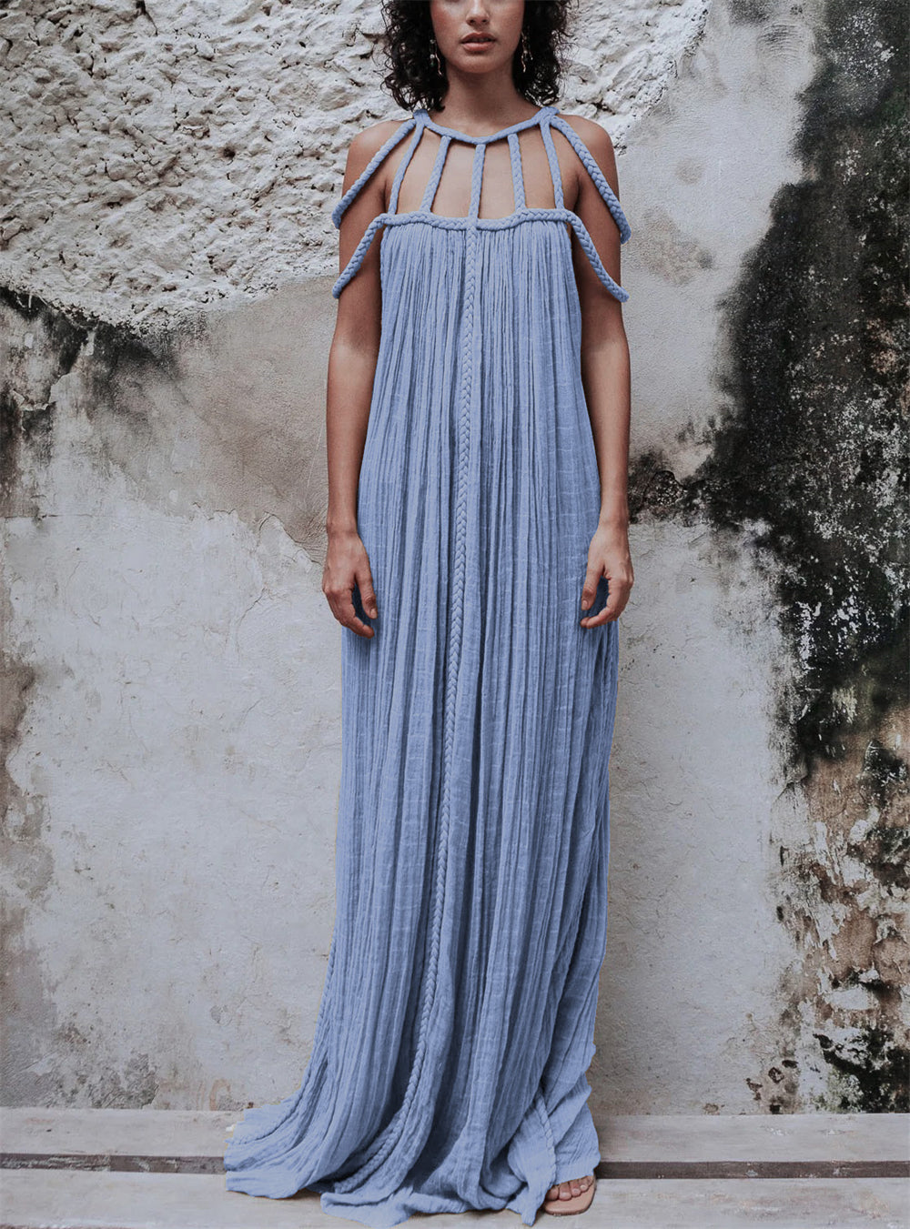 Maxi Pleated Dress with Distinctive Shoulder Detail 2997 F Blue