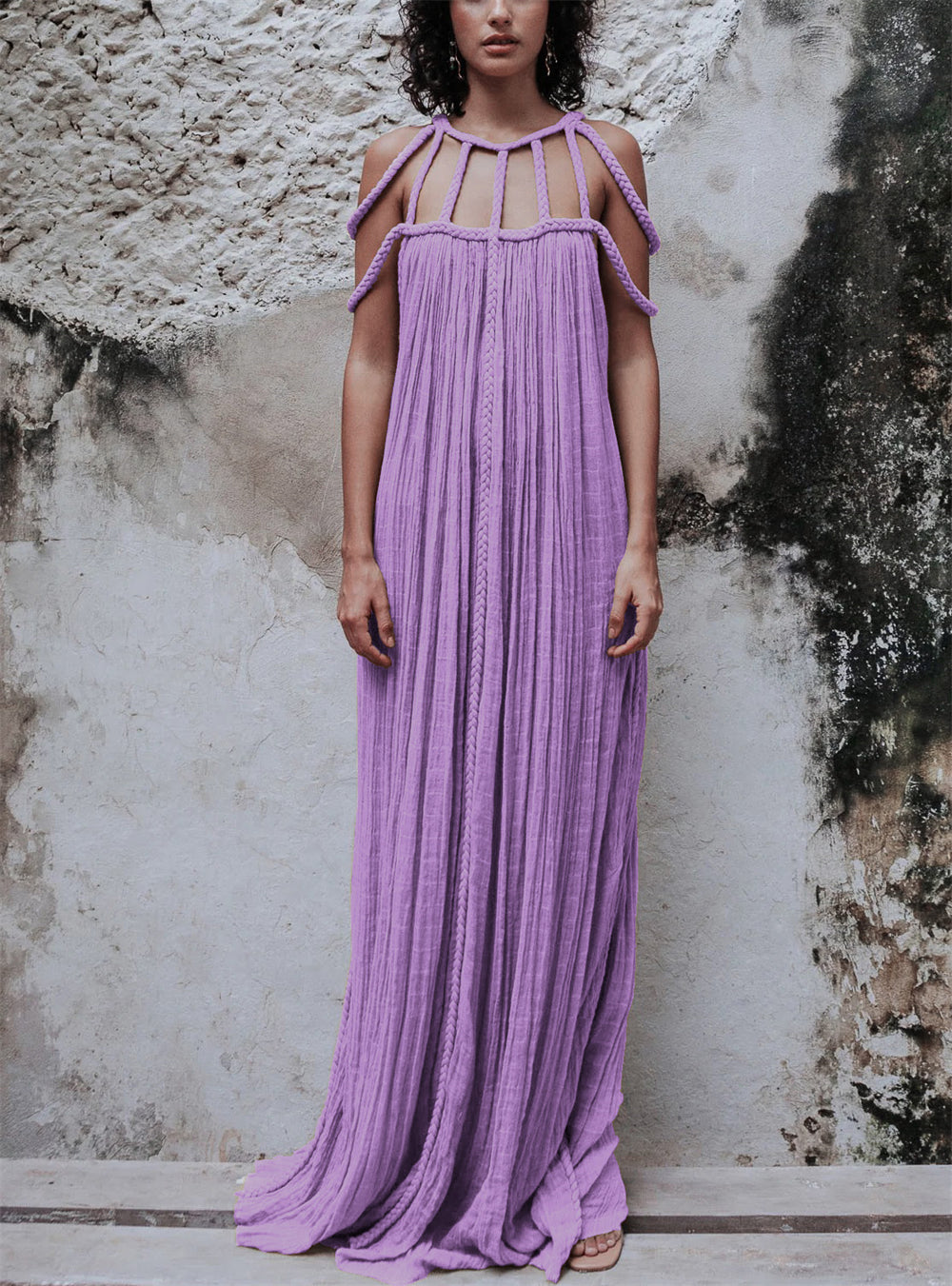 Maxi Pleated Dress with Distinctive Shoulder Detail 2997 F Purple