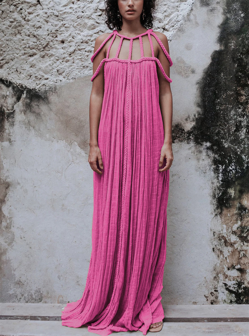 Maxi Pleated Dress with Distinctive Shoulder Detail 2997 F Rose red