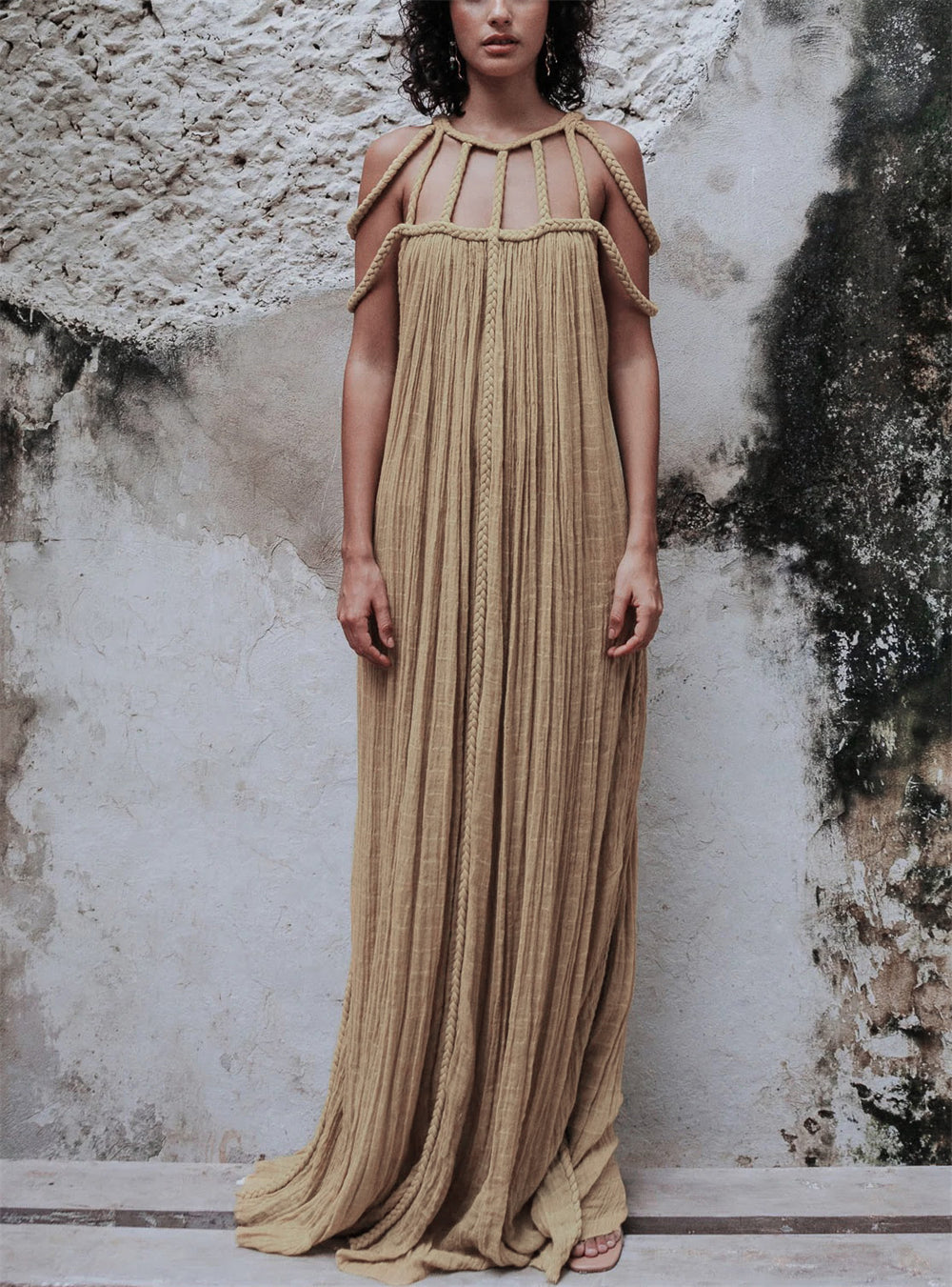 Maxi Pleated Dress with Distinctive Shoulder Detail 2997 F Khaki