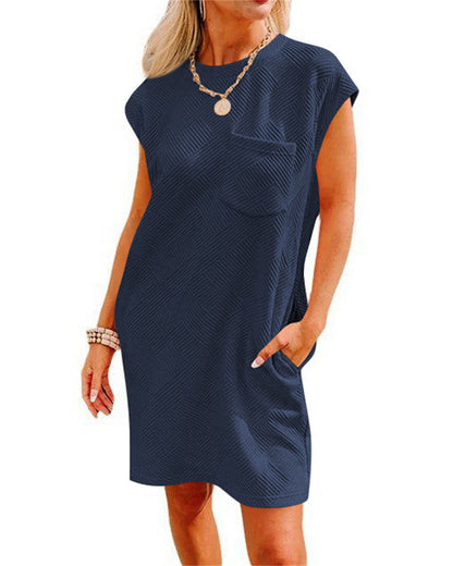 Minimalist Textured Design Shift Pocket Dress 2893 Dark blue