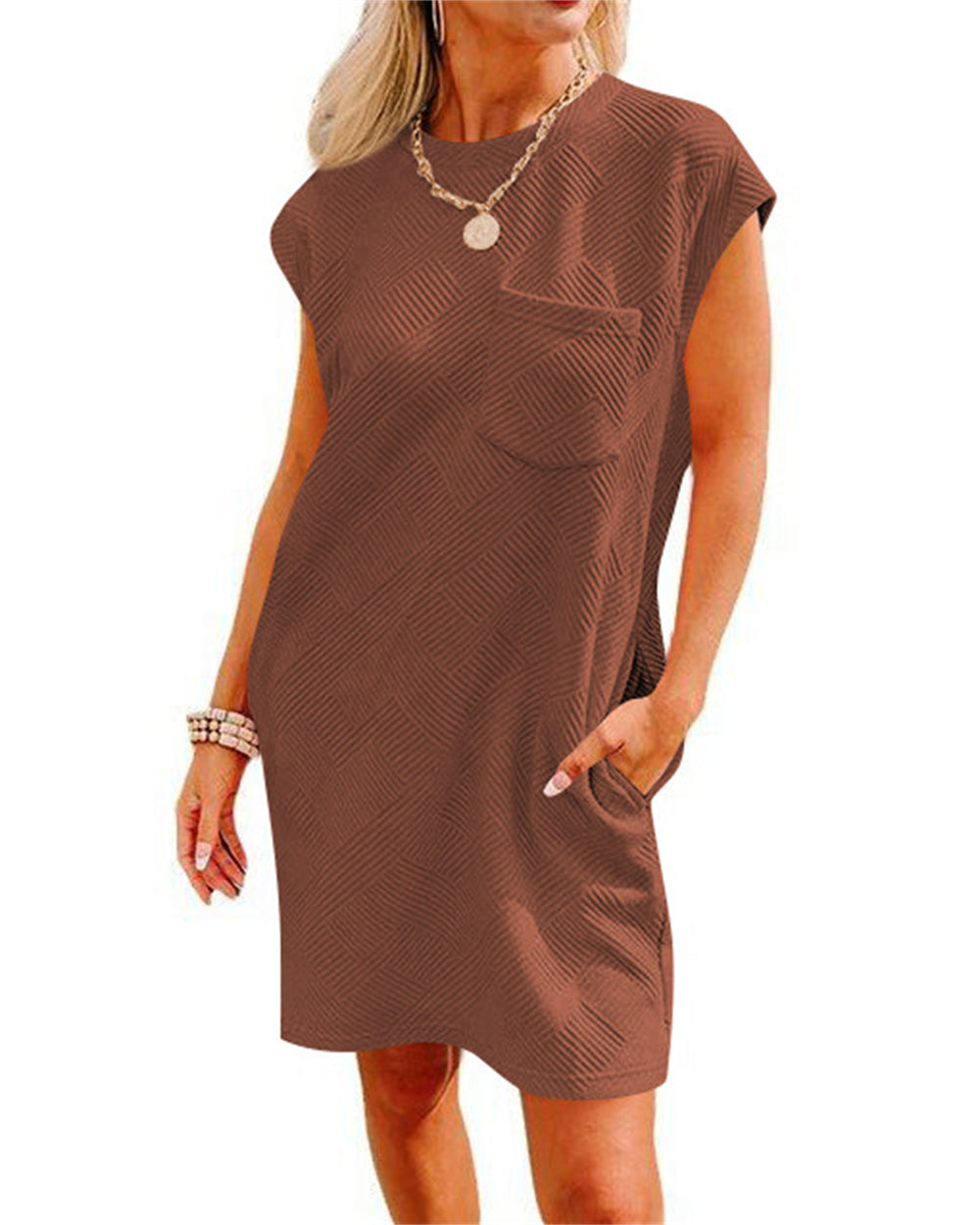 Minimalist Textured Design Shift Pocket Dress 2893 Brown