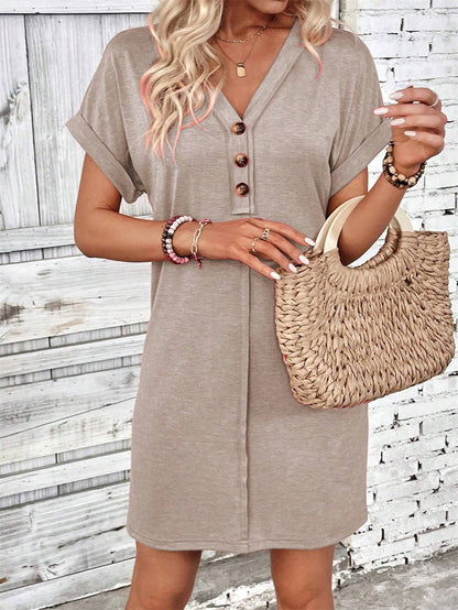 Minimalist V-neck buttoned mini shift dress 3088