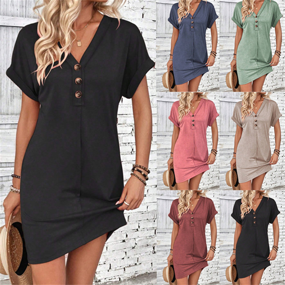 Minimalist V-neck buttoned mini shift dress 3088