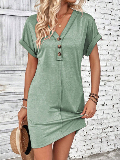 Minimalist V-neck buttoned mini shift dress 3088