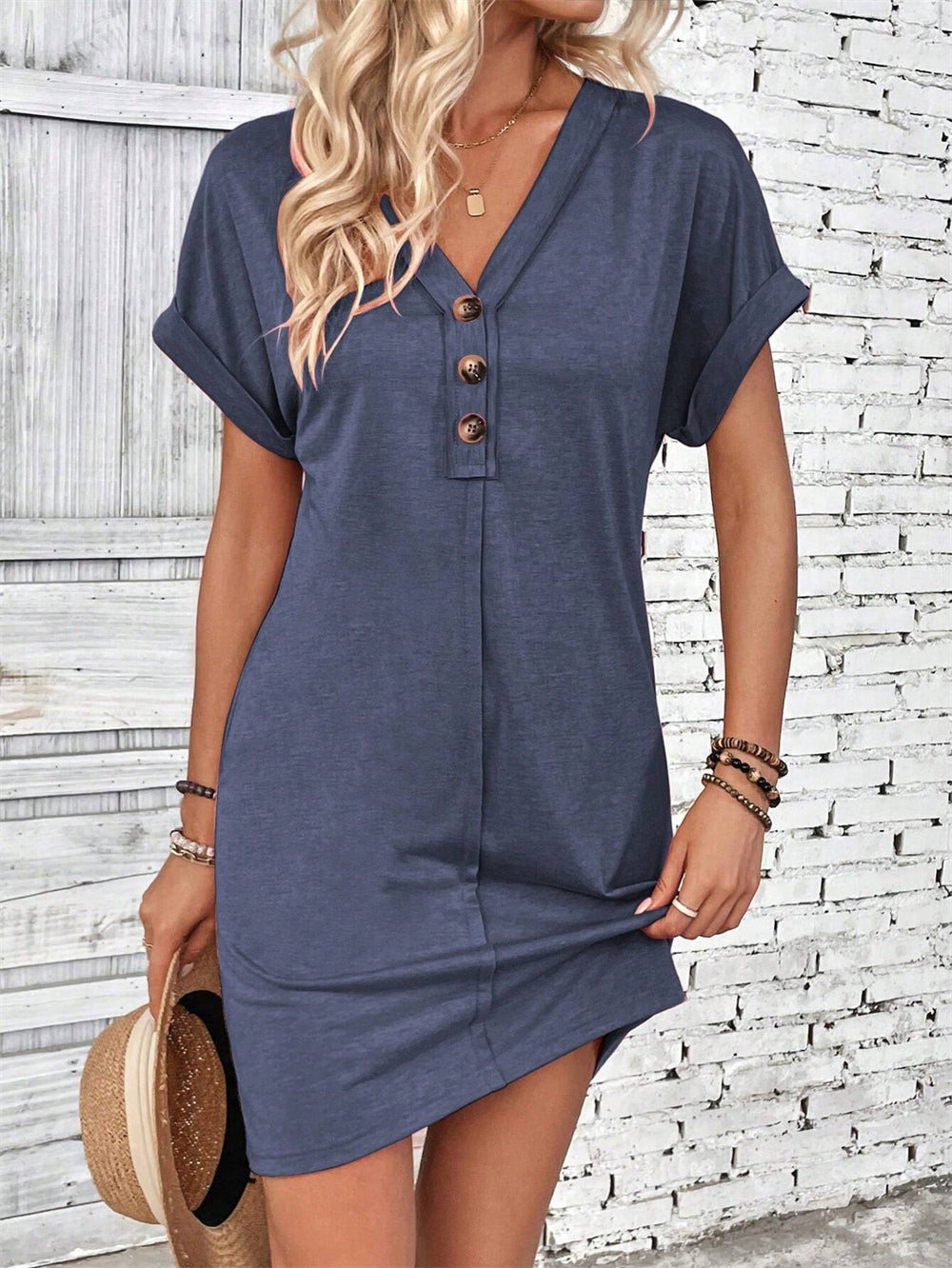 Minimalist V-neck buttoned mini shift dress 3088