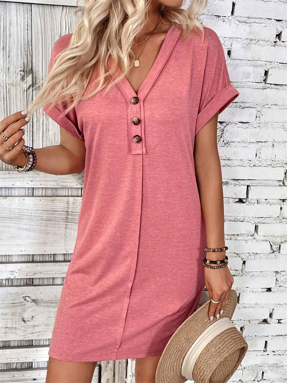 Minimalist V-neck buttoned mini shift dress 3088