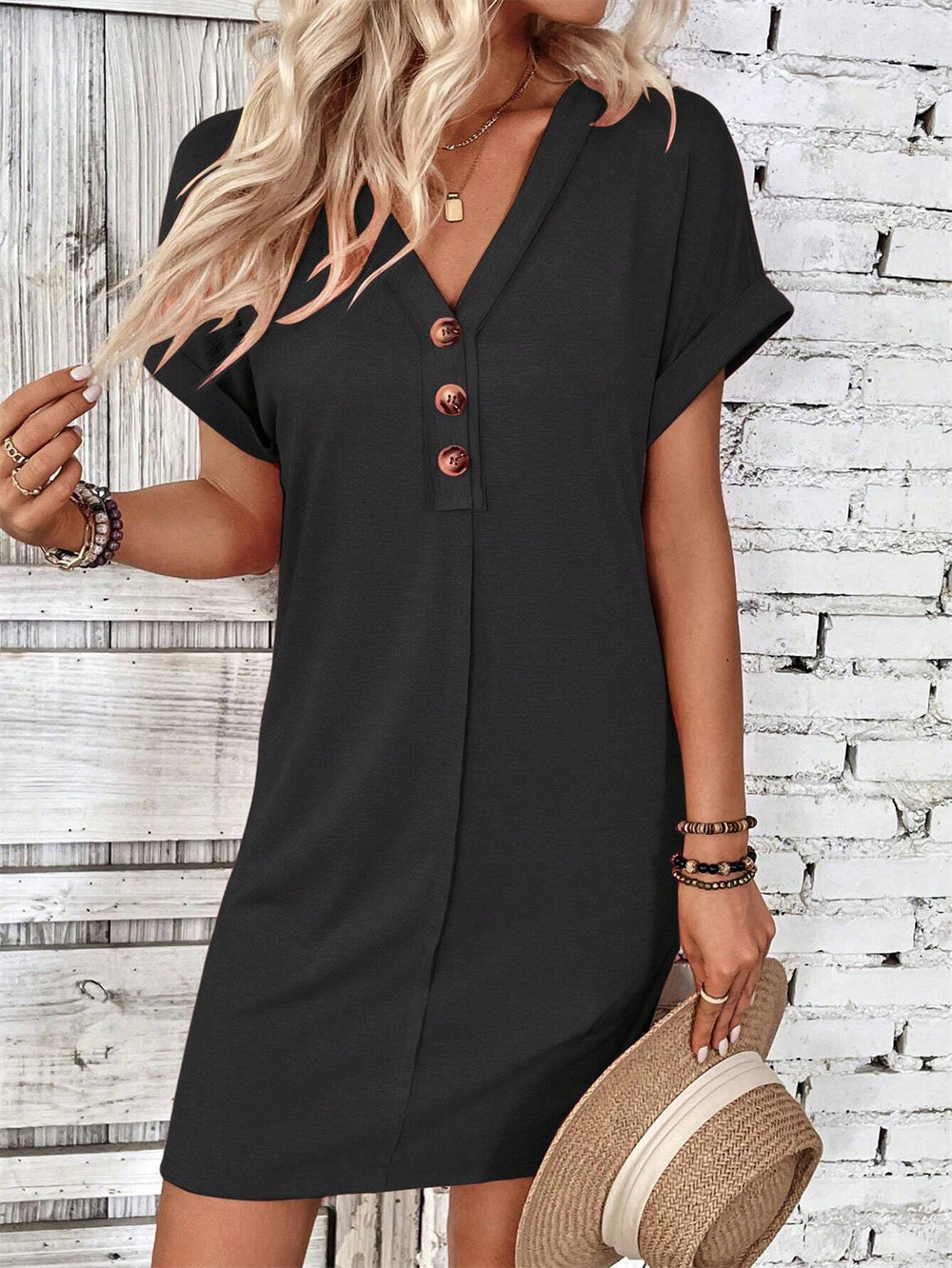 Minimalist V-neck buttoned mini shift dress 3088