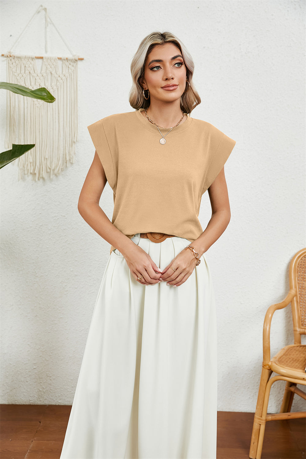 Modern Minimalist Cap Sleeve Top 2794 Apricot