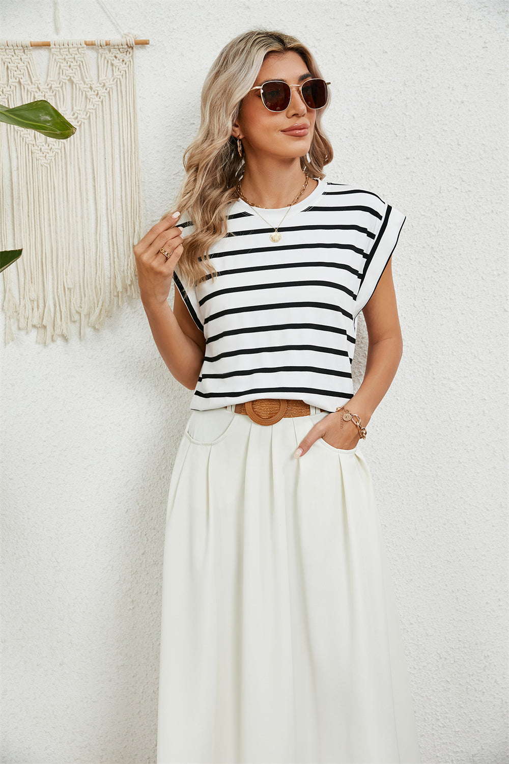 Modern Minimalist Cap Sleeve Top 2794 White Stripe