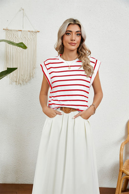 Modern Minimalist Cap Sleeve Top 2794 Red Stripe