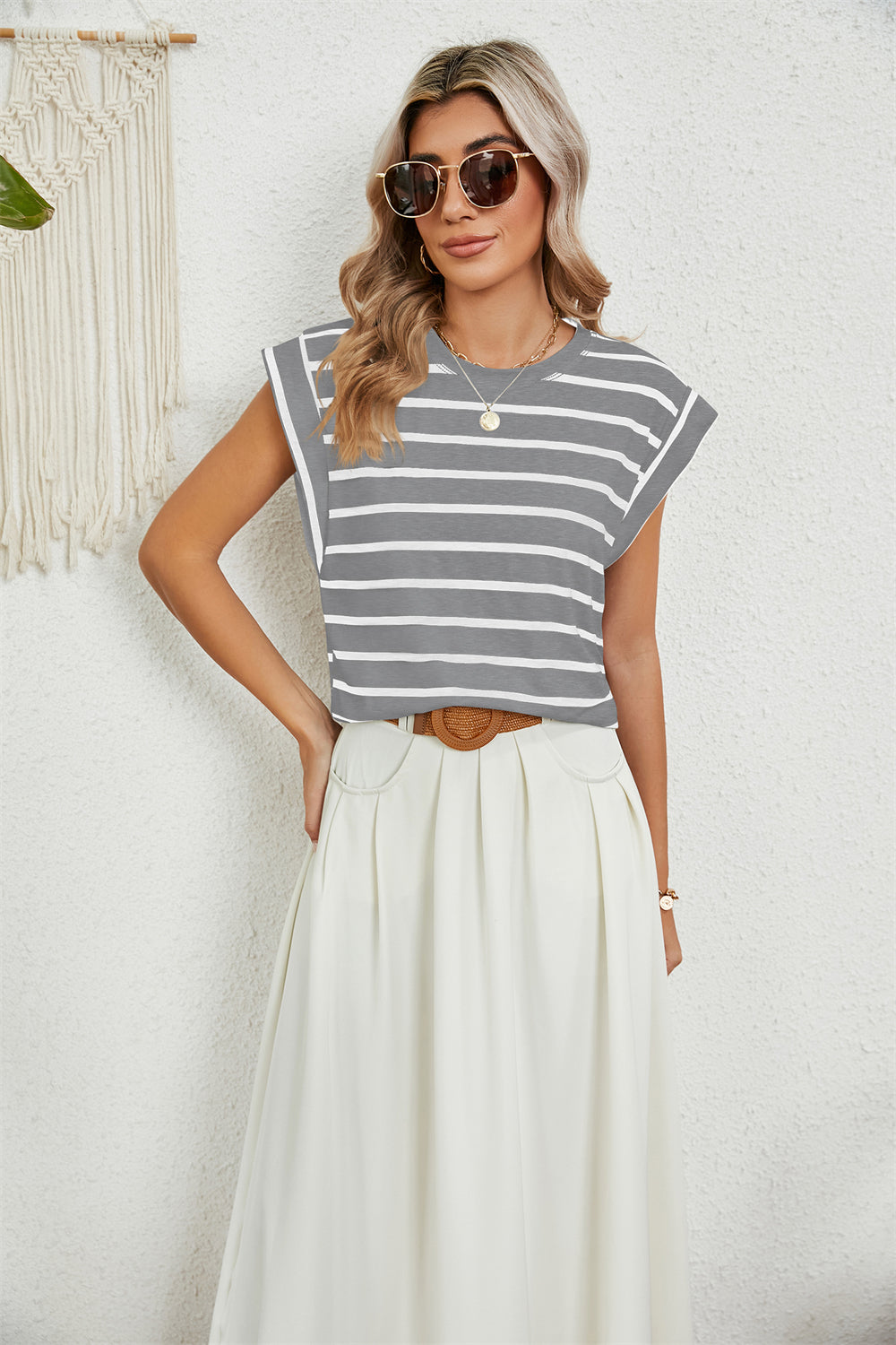 Modern Minimalist Cap Sleeve Top 2794 Grey Stripe