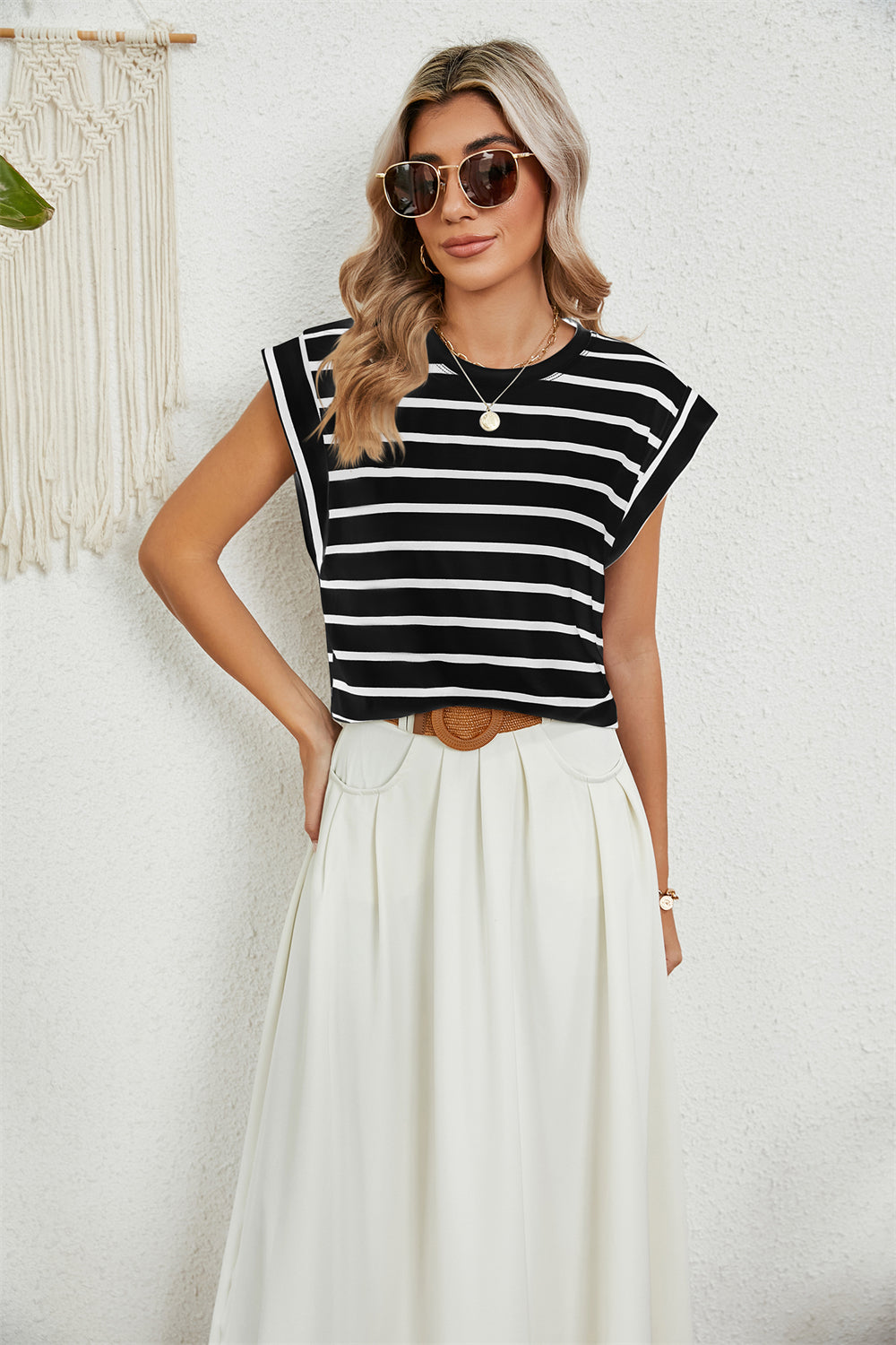 Modern Minimalist Cap Sleeve Top 2794 Black Stripe