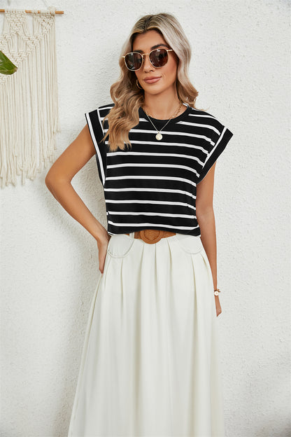 Modern Minimalist Cap Sleeve Top 2794 Black Stripe