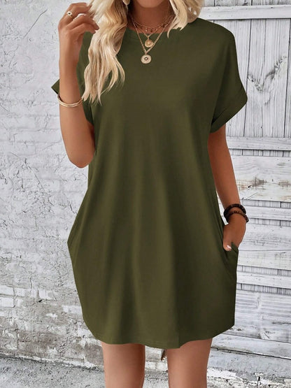 Modern Minimalist Hidden Pocket T-Shirt Dress 2760 Military Green