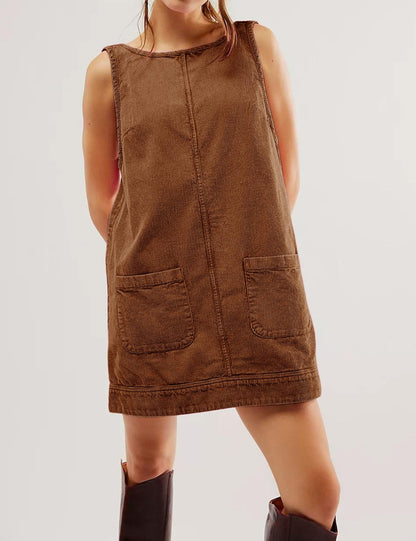 Pocketed A-line backless corduroy sleeveless mini dress 3110