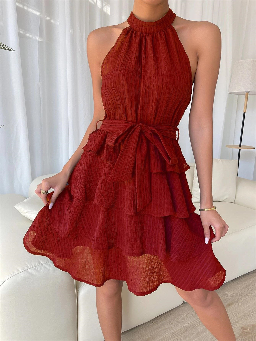 Halter neck bow tie waist ruffle sleeveless mini dress 3096