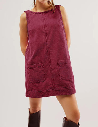 Pocketed A-line backless corduroy sleeveless mini dress 3110