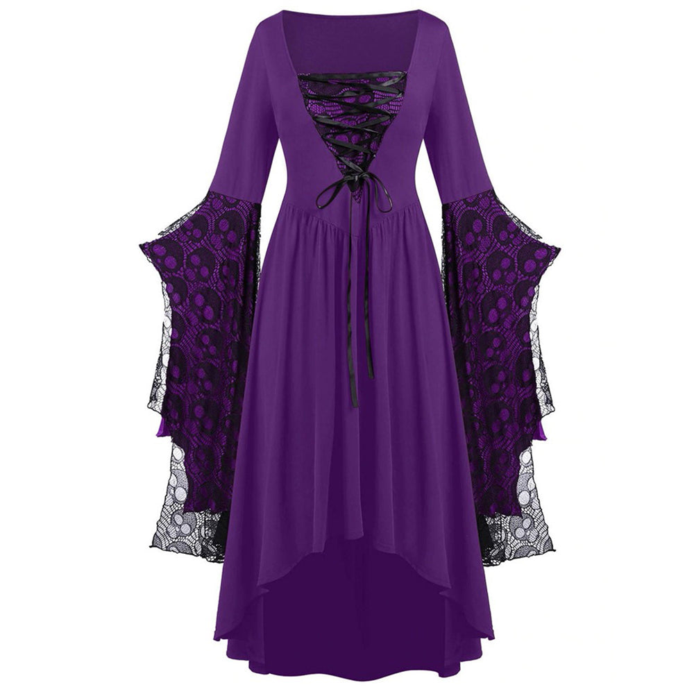 Skull print flared sleeve high-low halloween party dress 3113