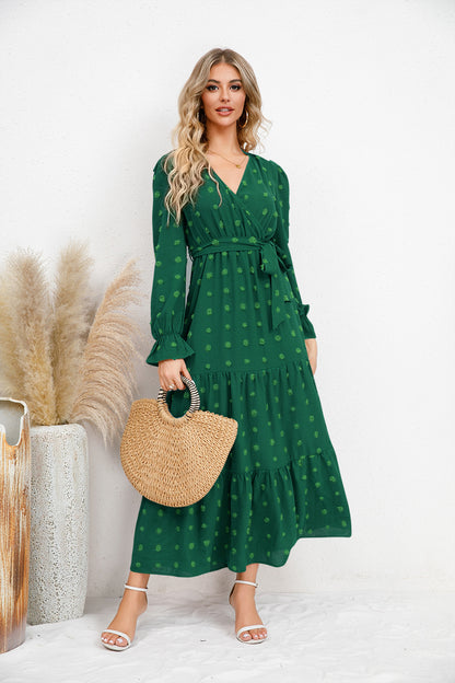 Polka dot v-neck ruffle hem midi dress with waist tie 3108