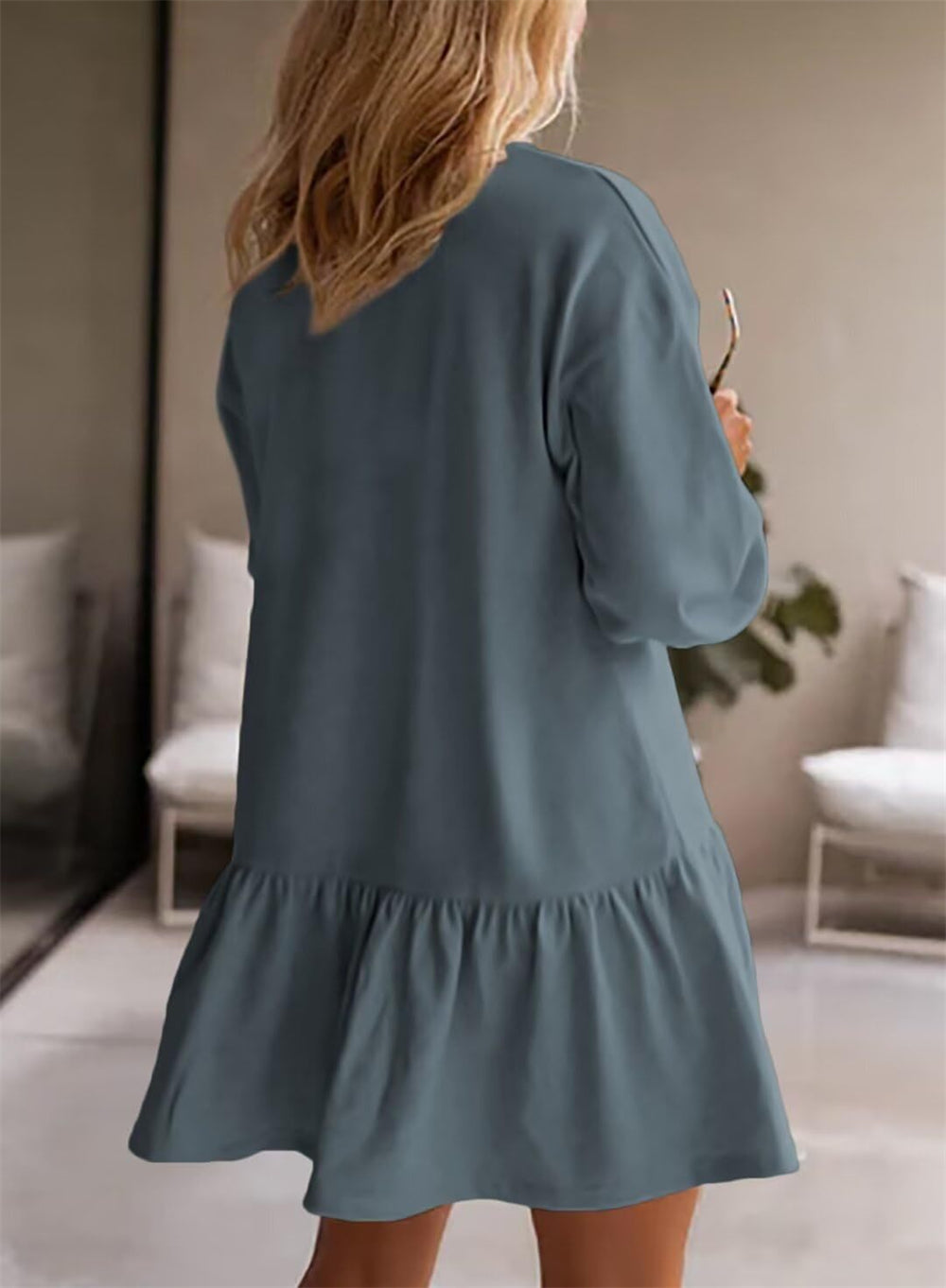 Long sleeve ruffle hem relaxed fit mini dress 3099