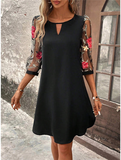 Embroidered floral sleeve keyhole cutout shift mini dress 3106