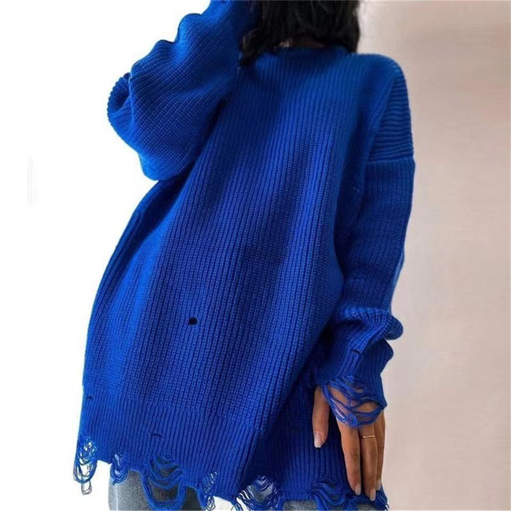 Relaxed fit knitted pullover sweater dress with distressed hem 3132