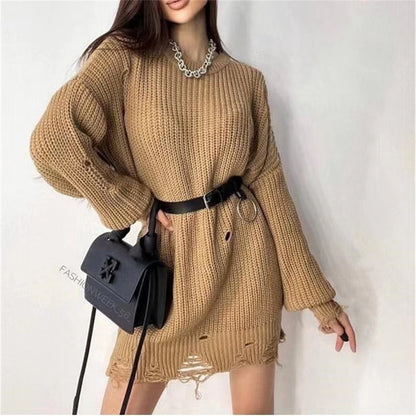 Relaxed fit knitted pullover sweater dress with distressed hem 3132