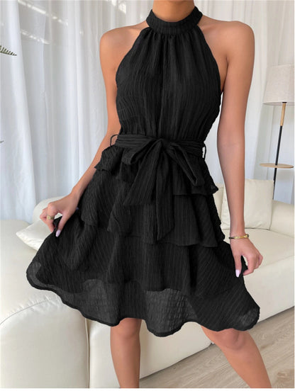 Halter neck bow tie waist ruffle sleeveless mini dress 3096