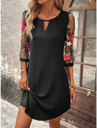 Embroidered floral sleeve keyhole cutout shift mini dress 3106