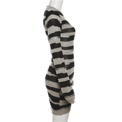 Ribbed texture striped bodycon knit midi dress 3128