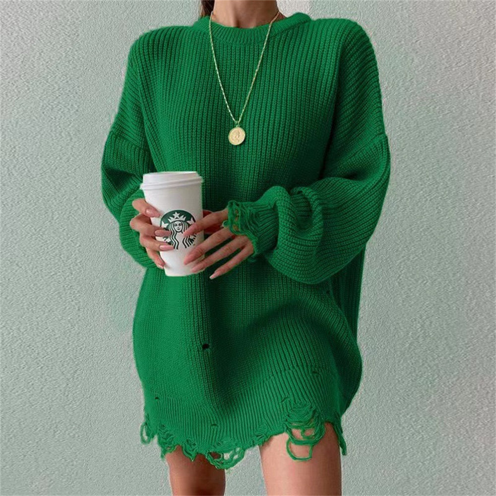 Relaxed fit knitted pullover sweater dress with distressed hem 3132