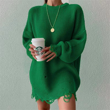 Relaxed fit knitted pullover sweater dress with distressed hem 3132