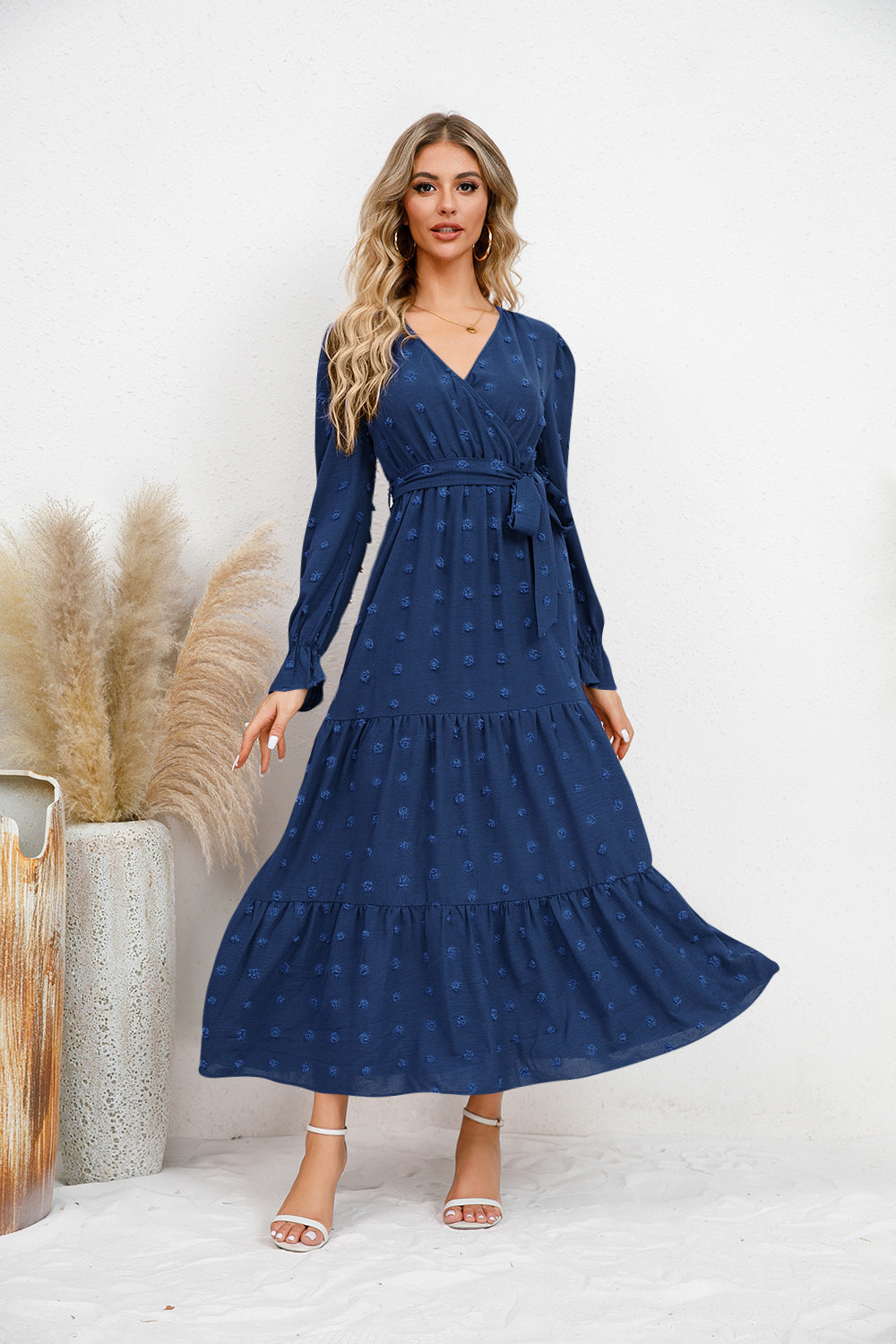 Polka dot v-neck ruffle hem midi dress with waist tie 3108