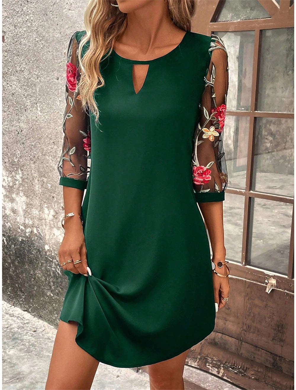 Embroidered floral sleeve keyhole cutout shift mini dress 3106