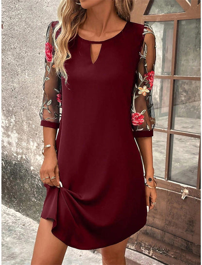 Embroidered floral sleeve keyhole cutout shift mini dress 3106