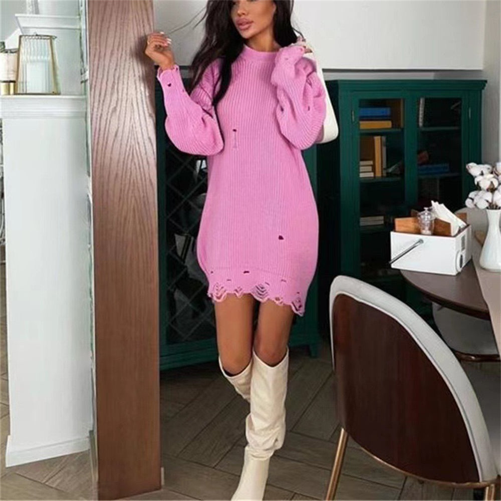 Relaxed fit knitted pullover sweater dress with distressed hem 3132