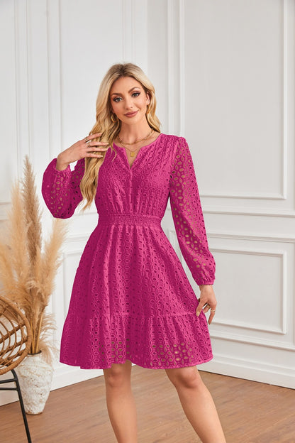 Cut-out eyelet lace A-line party midi dress 3114