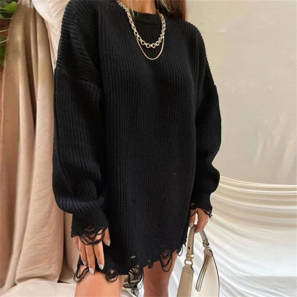 Relaxed fit knitted pullover sweater dress with distressed hem 3132