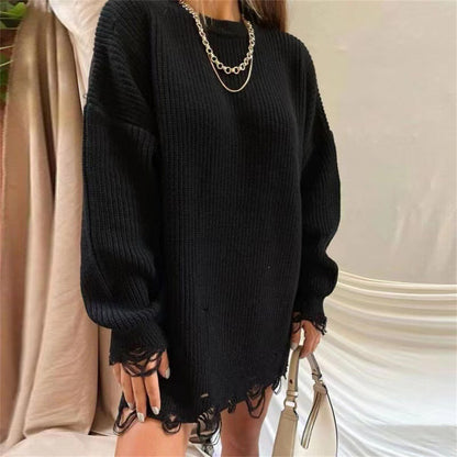 Relaxed fit knitted pullover sweater dress with distressed hem 3132