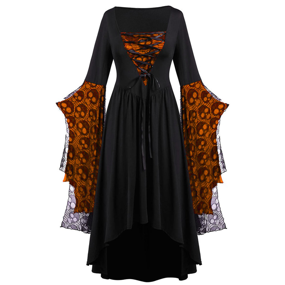 Skull print flared sleeve high-low halloween party dress 3113