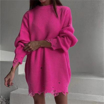 Relaxed fit knitted pullover sweater dress with distressed hem 3132