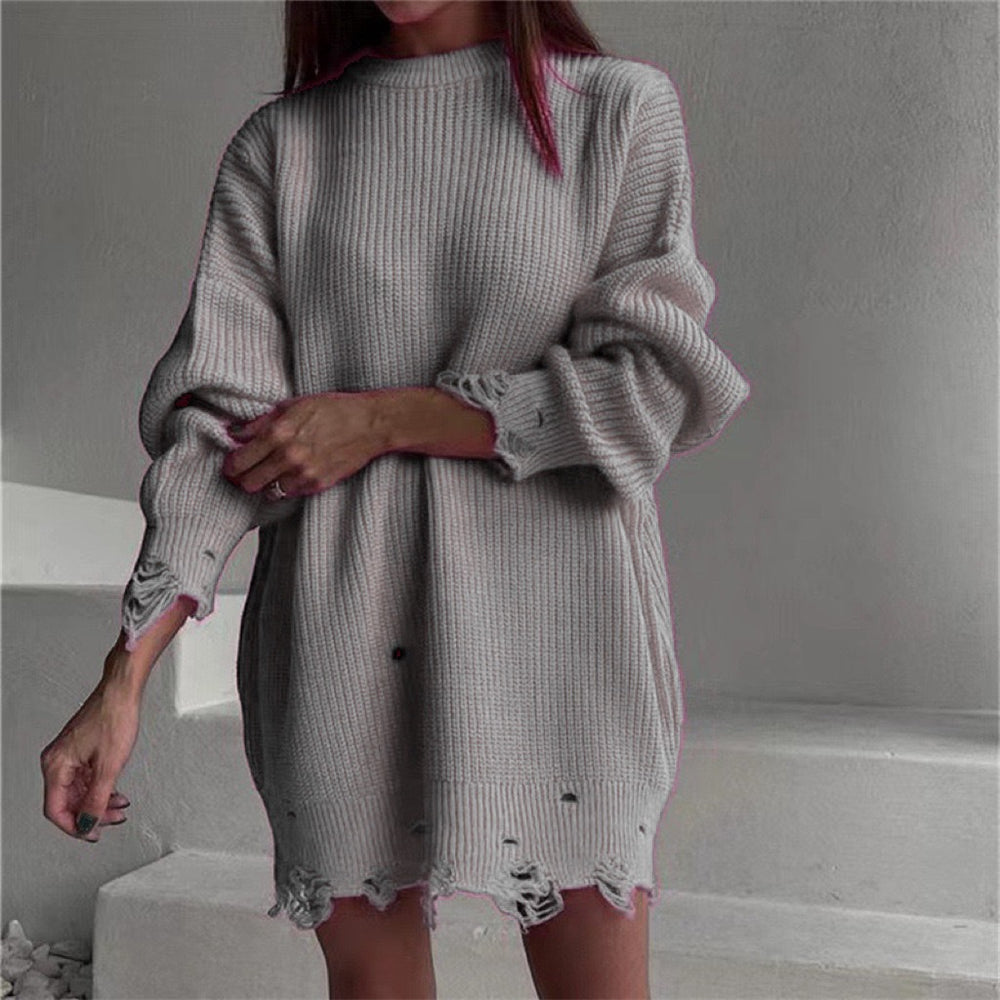 Relaxed fit knitted pullover sweater dress with distressed hem 3132